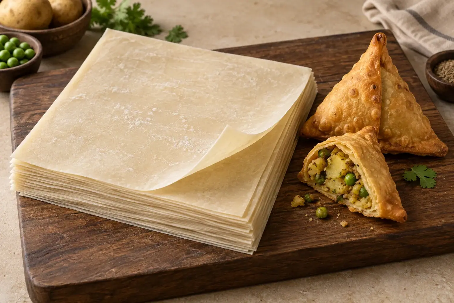 A neat stack of large ready-made samosa sheets