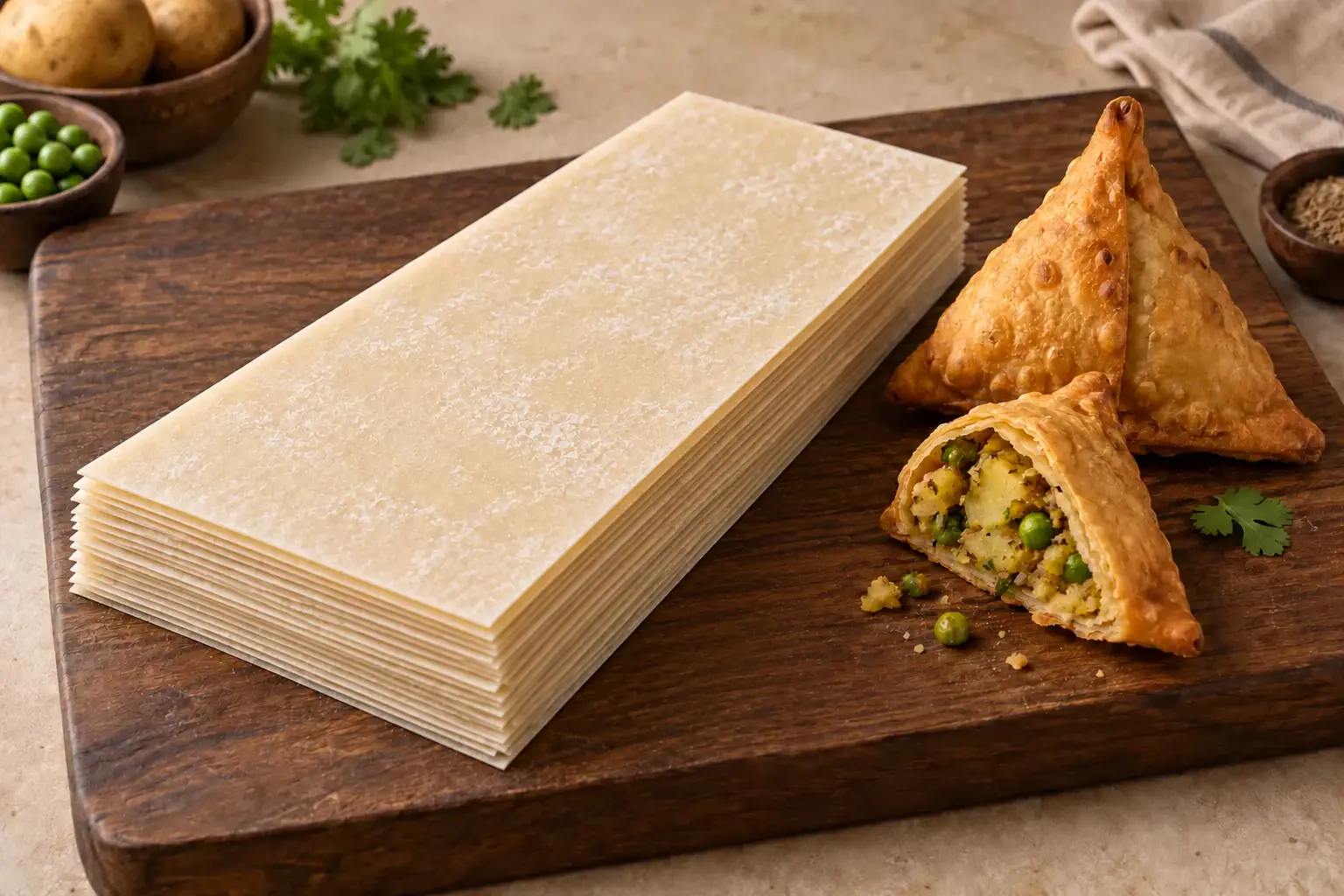 Natural thin rectangular samosa sheets with large golden vegetable samosas on a wooden board