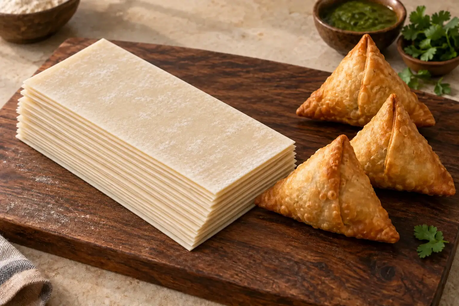 Natural thin rectangular samosa sheets with standard-size golden samosas on a wooden board