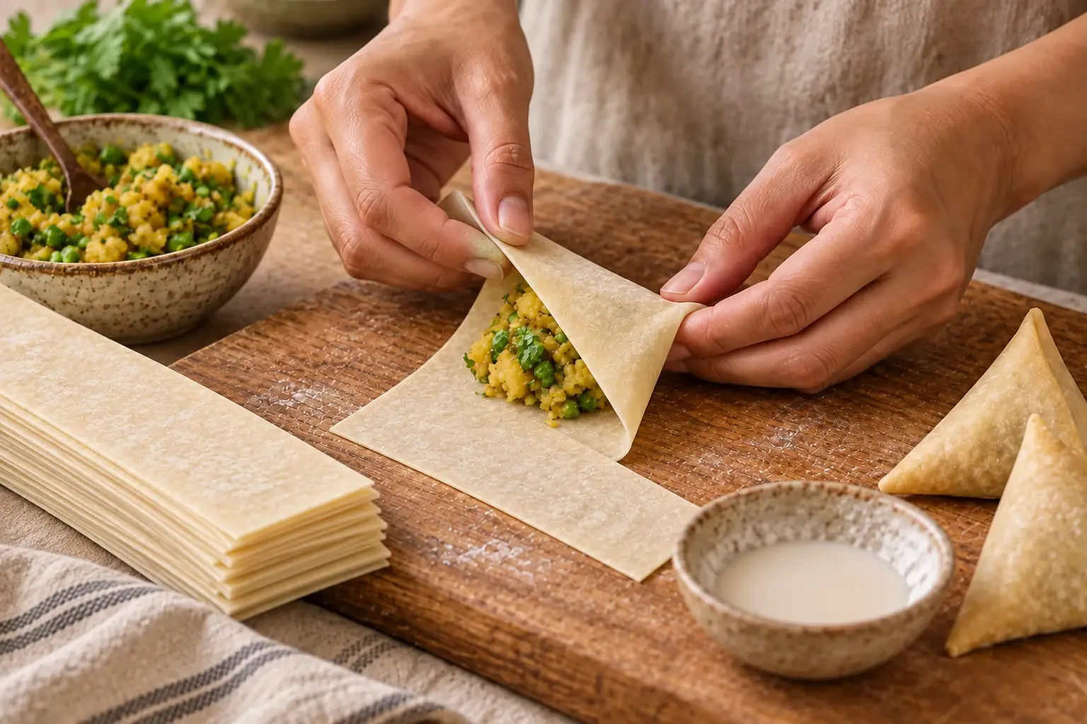 Hands folding a thin rectangular samosa sheet around vegetable filling
