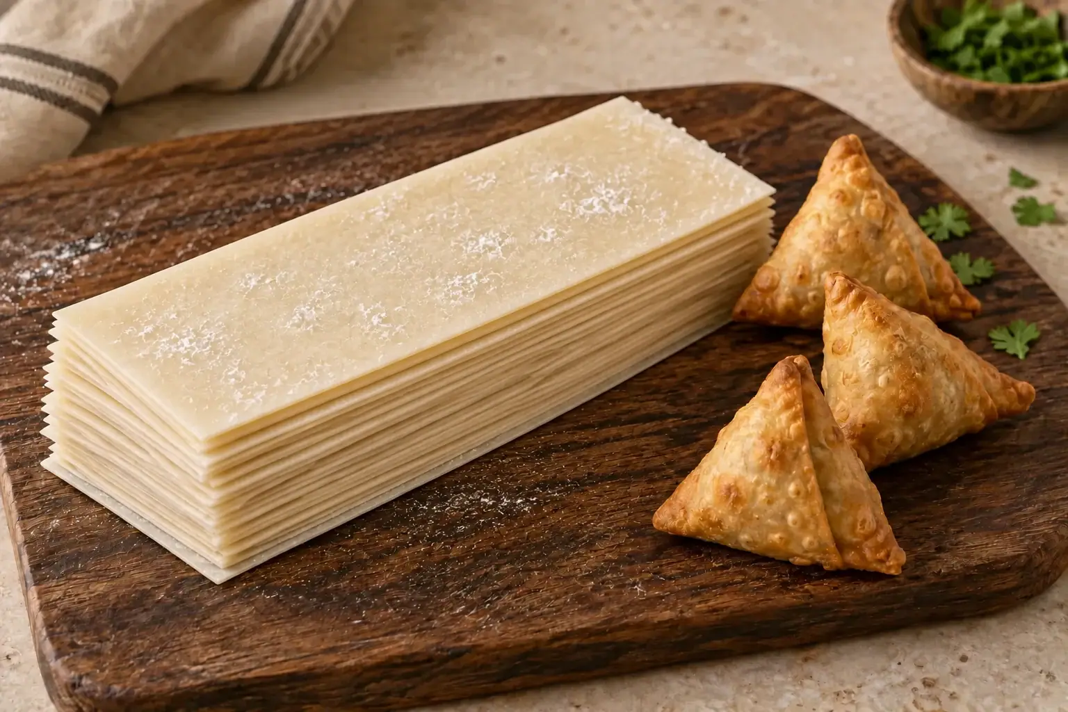 Natural thin rectangular samosa sheets with freshly fried mini samosas on a wooden board