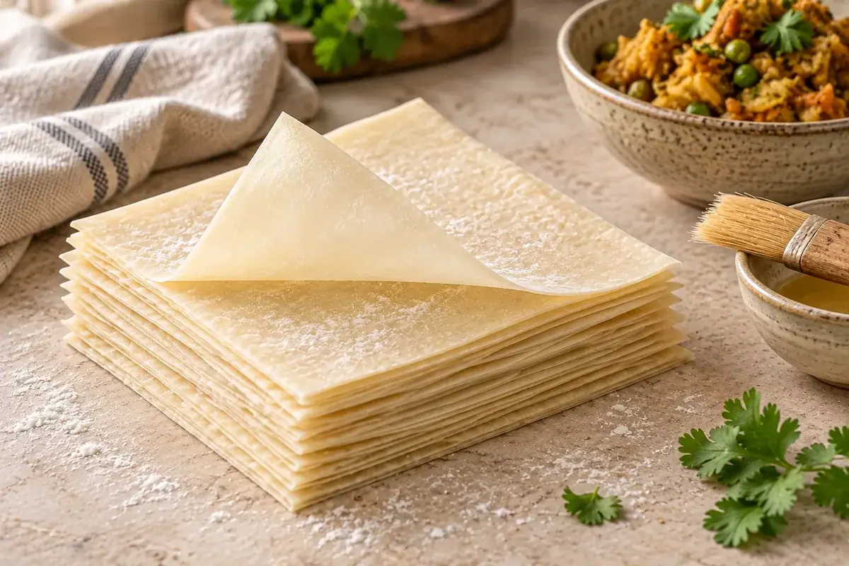 Thin ready-made samosa sheets being separated carefully from a stack