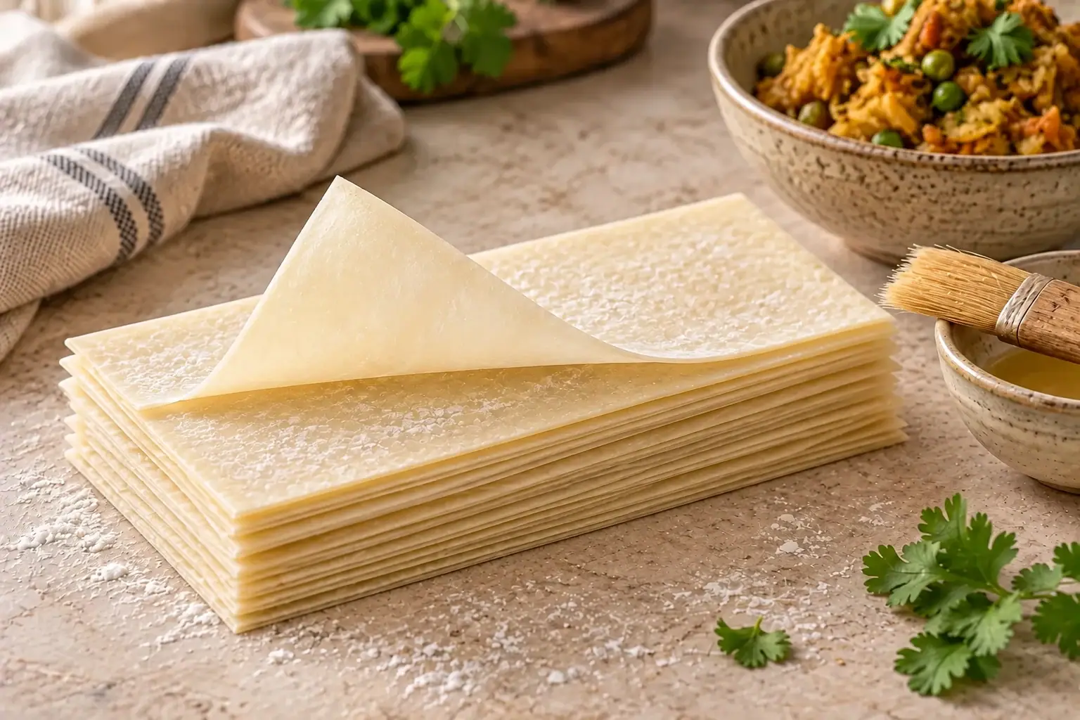 A thin rectangular samosa sheet being gently lifted from a fresh stack