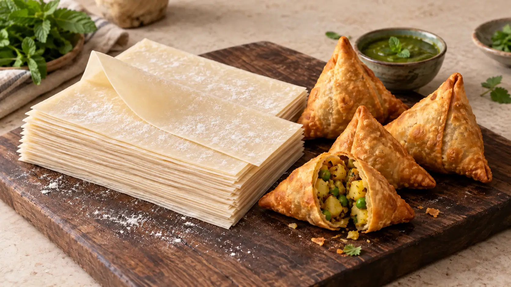 Natural thin rectangular samosa sheets beside crisp golden vegetable samosas