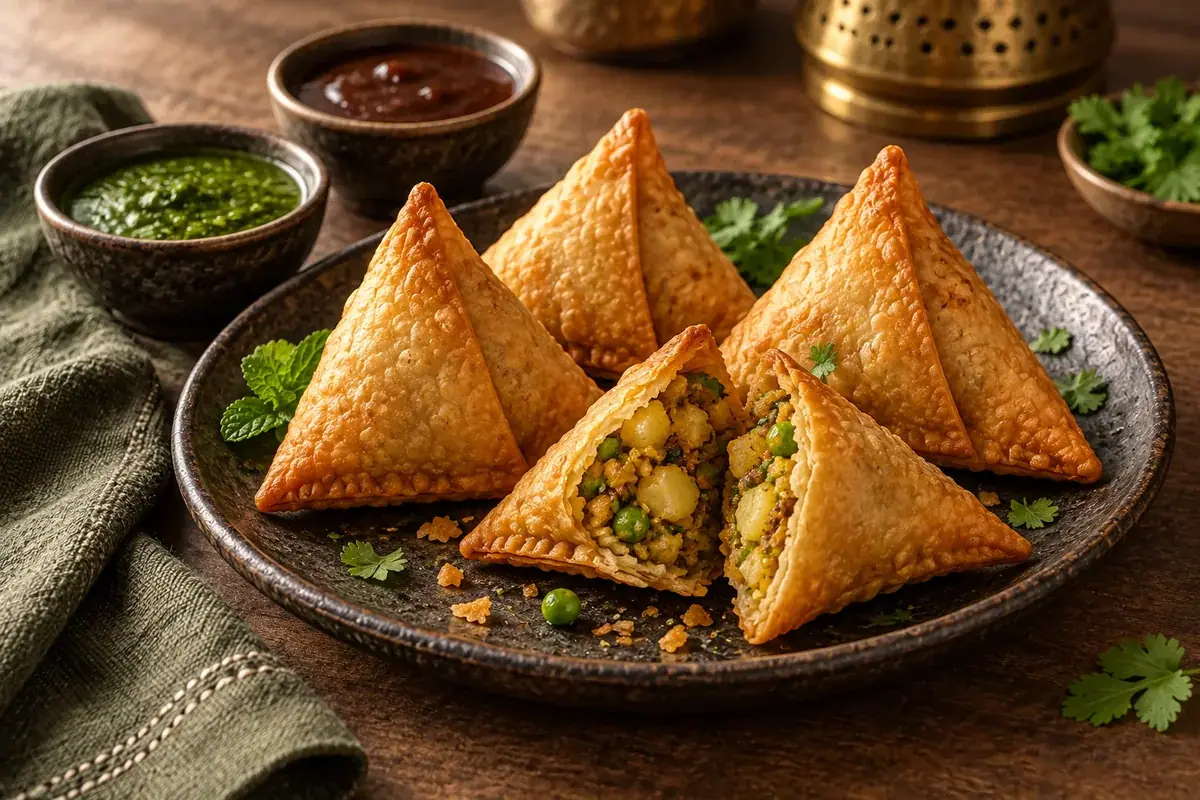 Golden samosas served with mint and tamarind chutneys