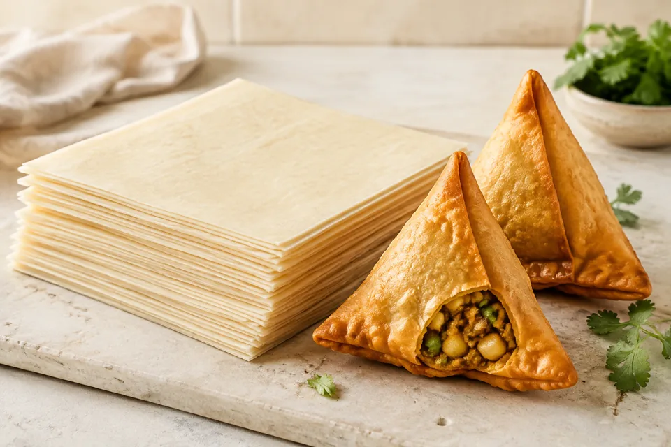 Stack of large ready-made samosa sheets with generously filled fried samosas