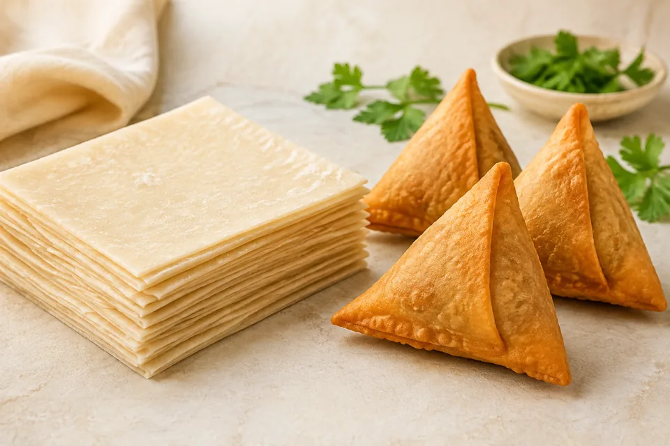 Stack of medium ready-made samosa sheets with standard fried samosas