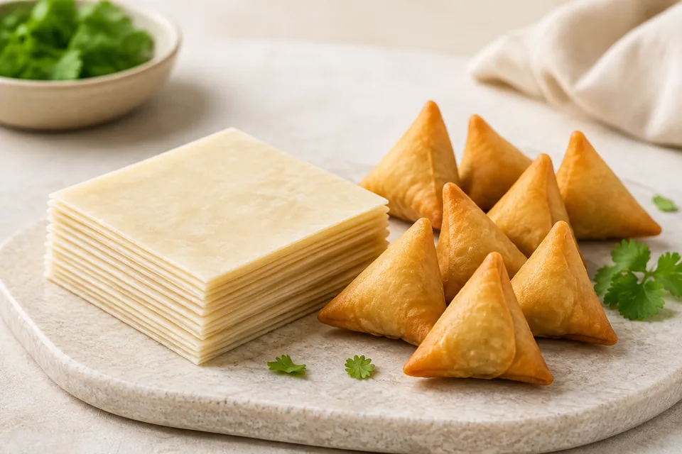 Stack of small ready-made samosa sheets with mini fried samosas